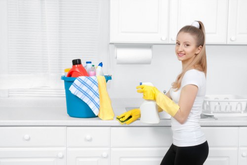 Cleaning supplies arranged for a scheduled cleaning service in Richmond